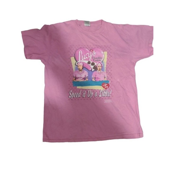 I LOVE LUCY Chocolate Factory "Speed it up a little!" Pink T-shirt Large Hanes - Picture 1 of 9